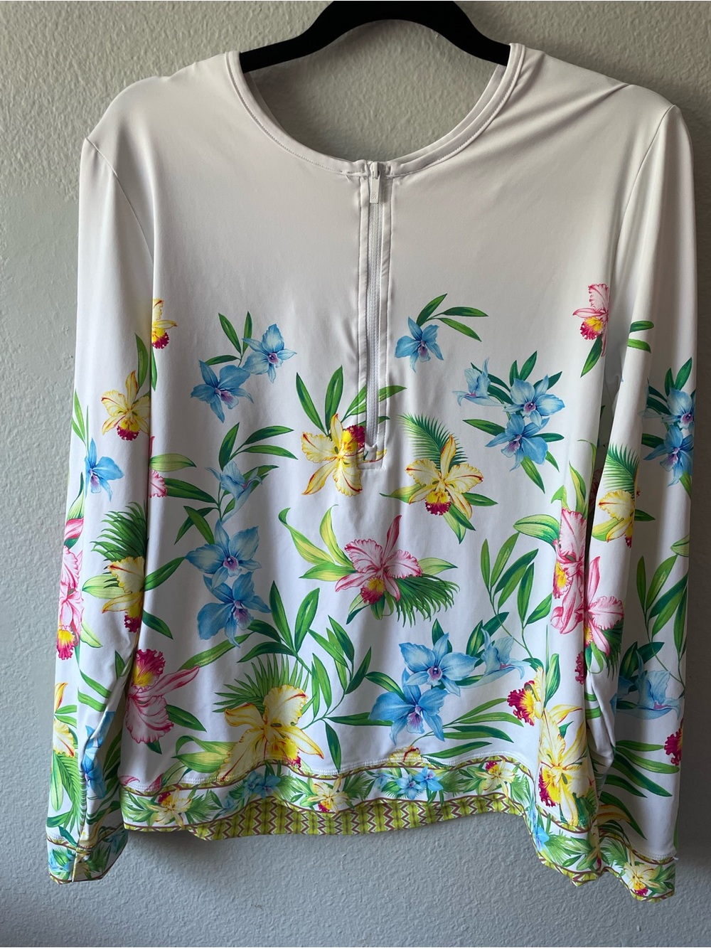 Tommy Bahama White Floral Long Sleeve Tee with Blue, Yellow & Pink Flowers
